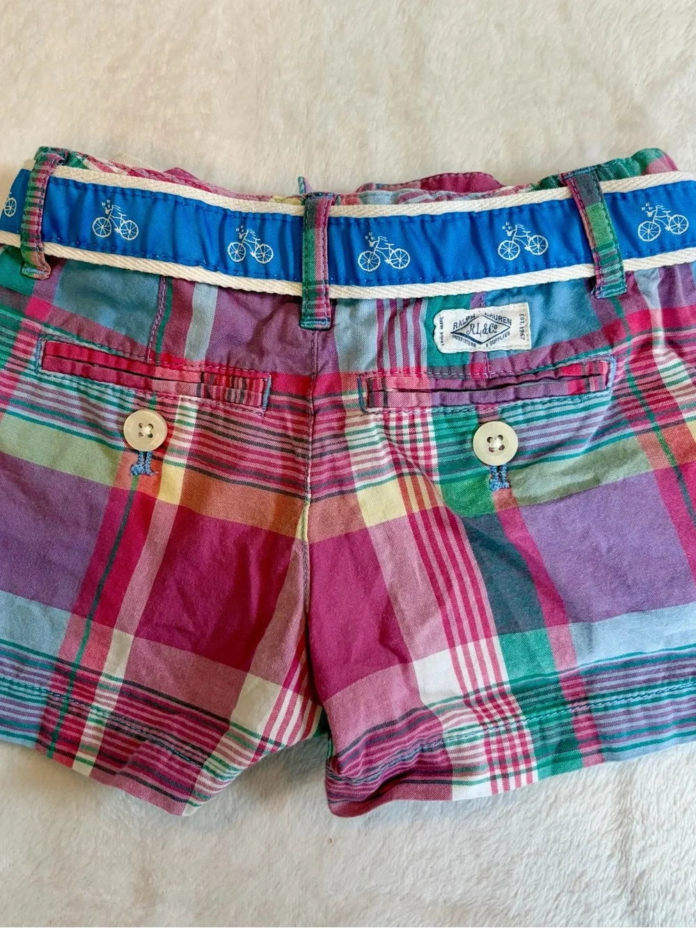 Ralph Lauren Plaid Girls Bermuda Shorts with Blue Bicycle Belt